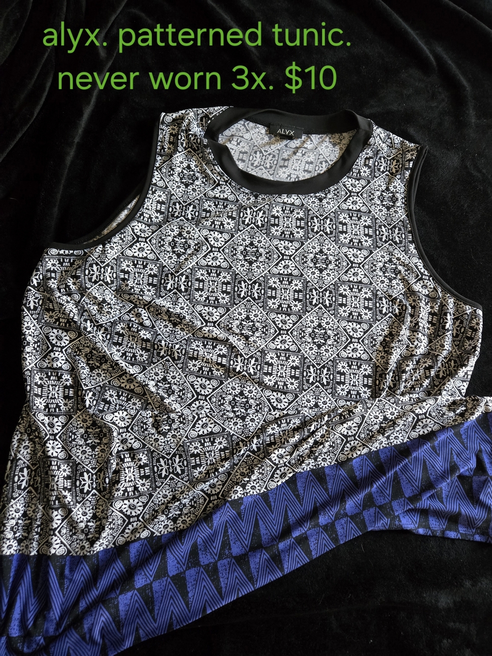 Alyx Black & White Geometric Tunic with Blue Trim